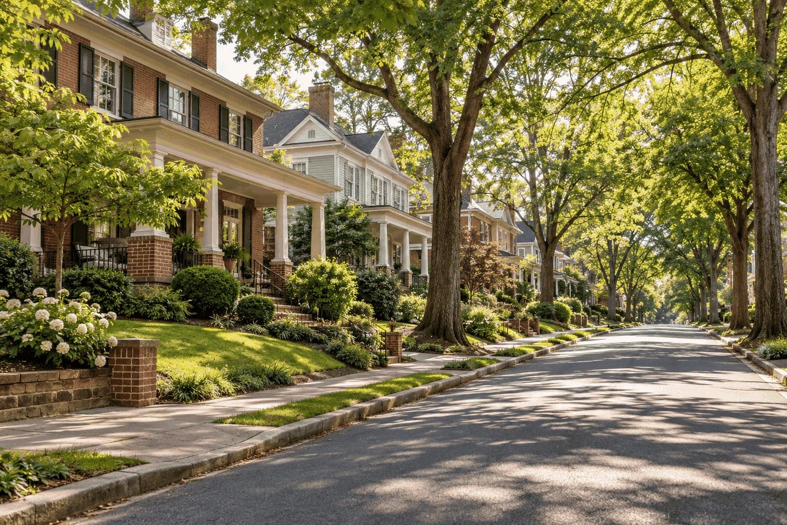Brick and clapboard homes with front porches on a tree-lined Winston-Salem residential street