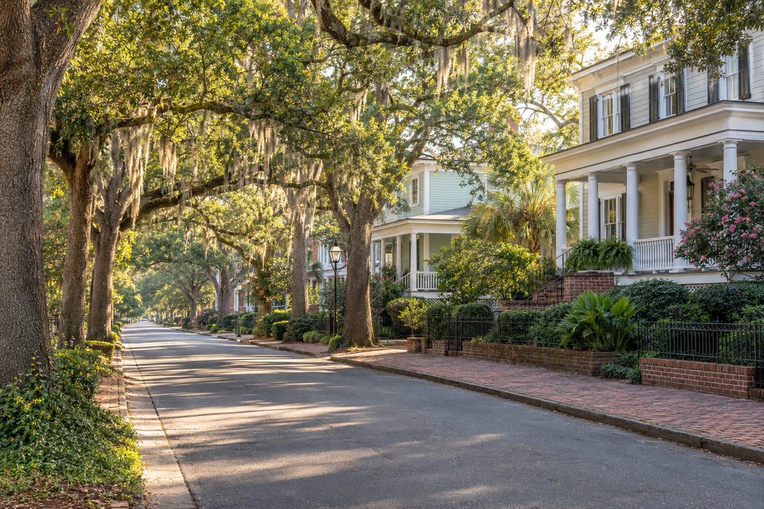 Historic Wilmington homes beneath live oak trees along a quiet brick-lined residential street