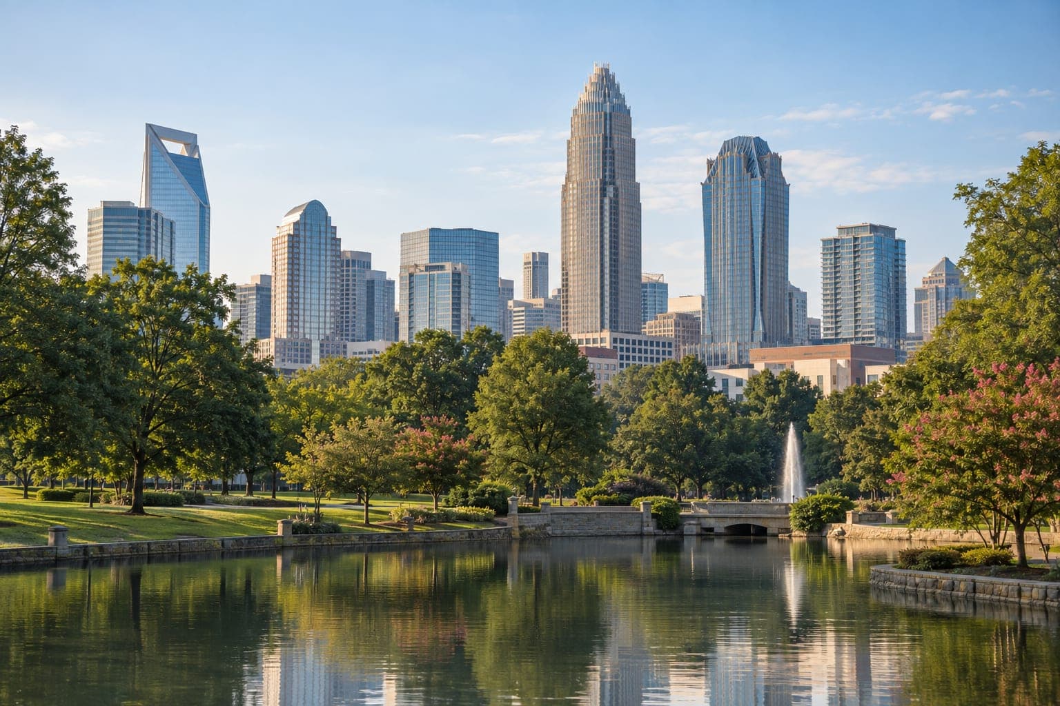 Uptown Charlotte skyline beyond the trees and water of a quiet city park