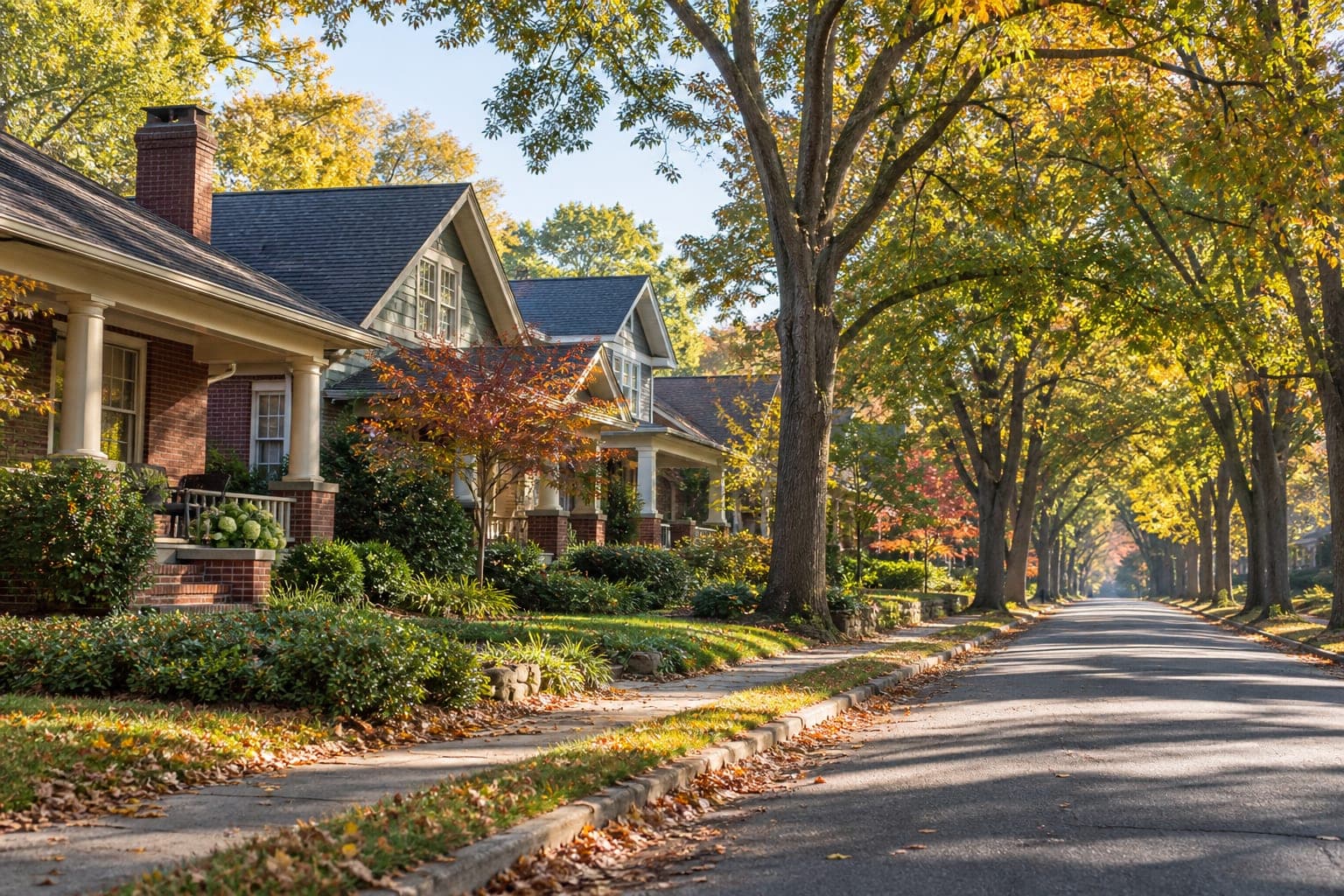 Autumn morning along a tree-lined street of historic homes in Durham, North Carolina