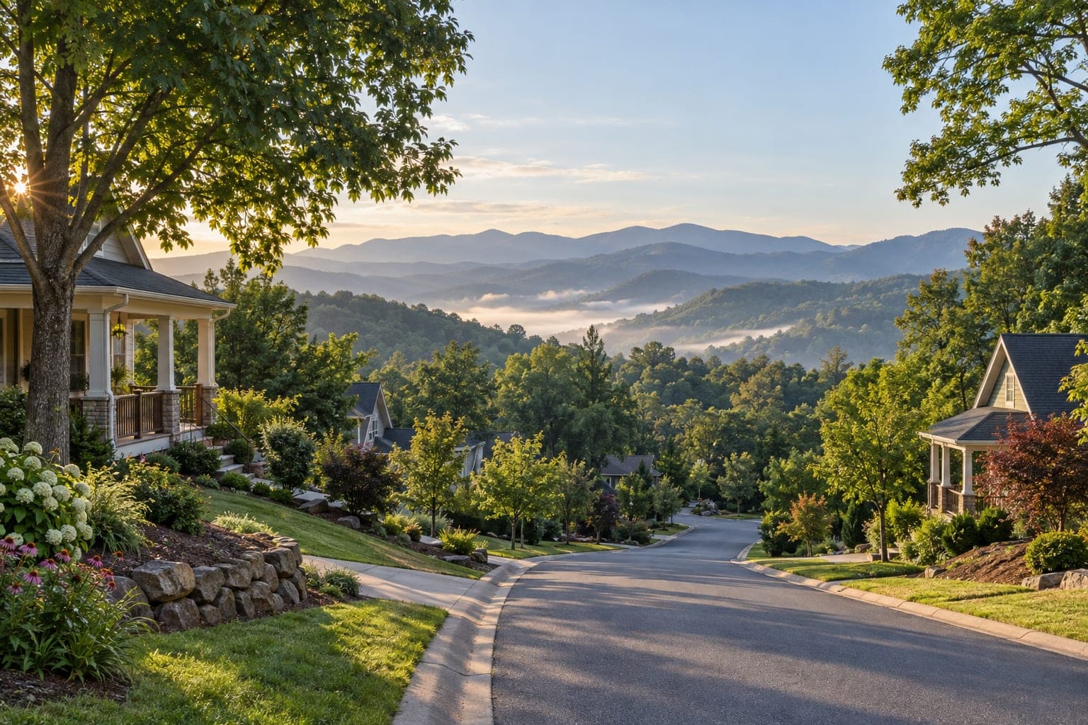 Homes near Asheville overlooking the Blue Ridge Mountains in soft morning light
