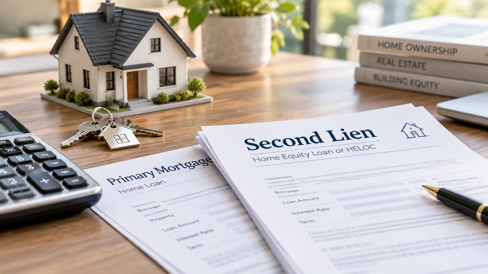 Picture of a house on a desk with a second lien contract sitting on the desk